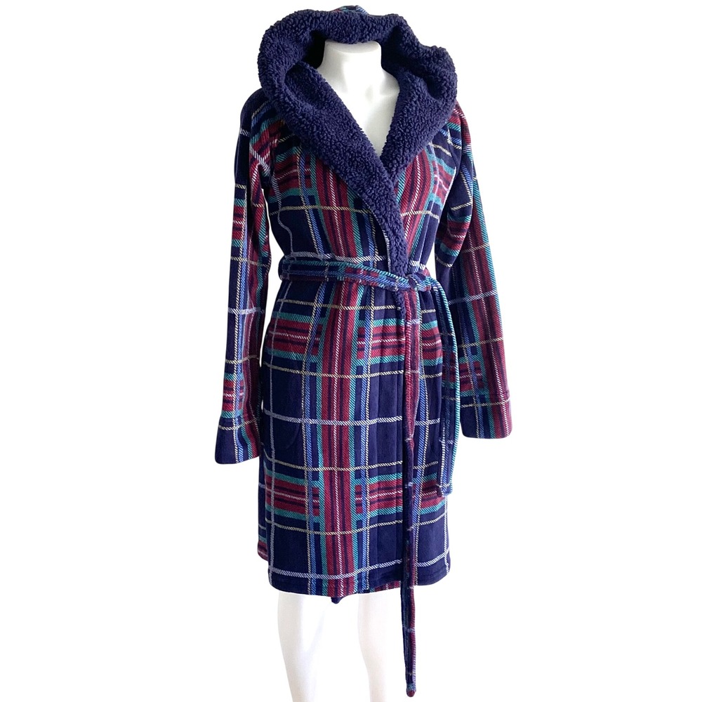 Vera Bradley Navy Blue Plaid Fleece Robe Sherpa Hooded S/M